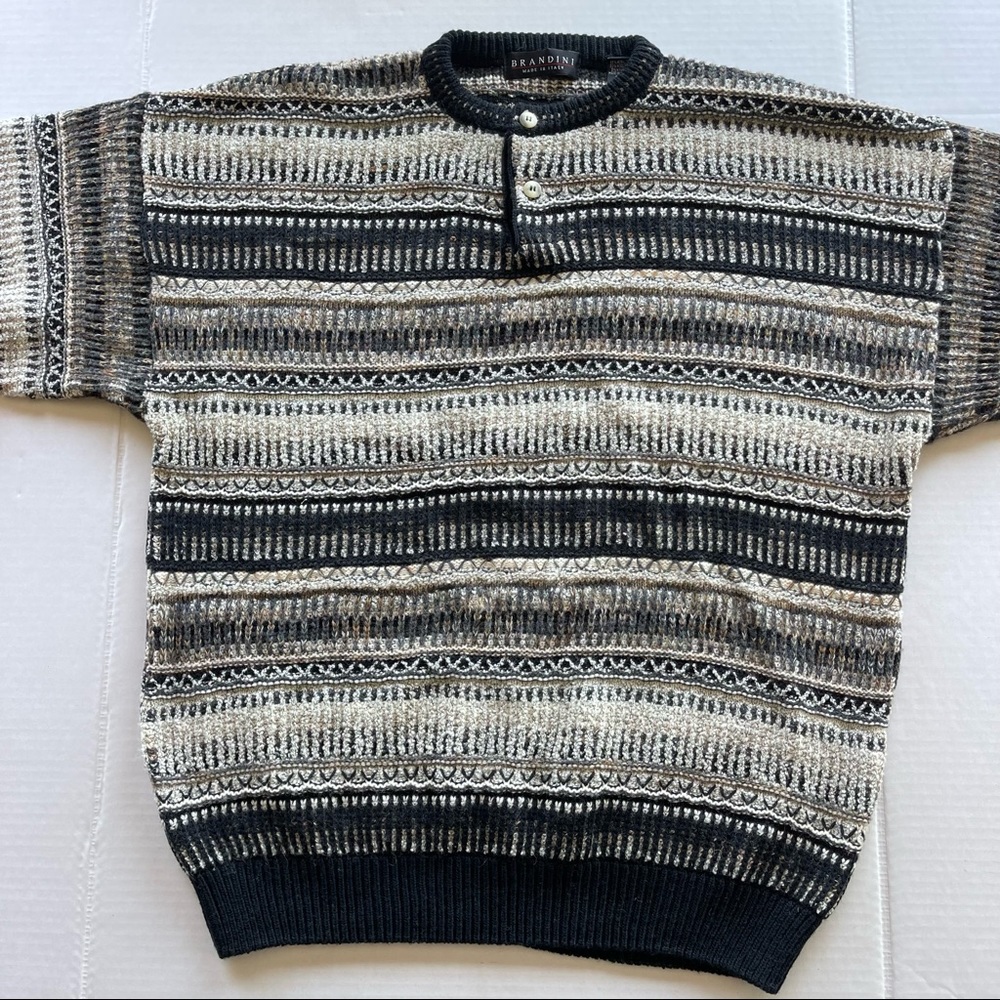 1980s-1990s Vintage Blue and Brown Knitted Pull Over Crew  Mens Size XL - Picture 8 of 14